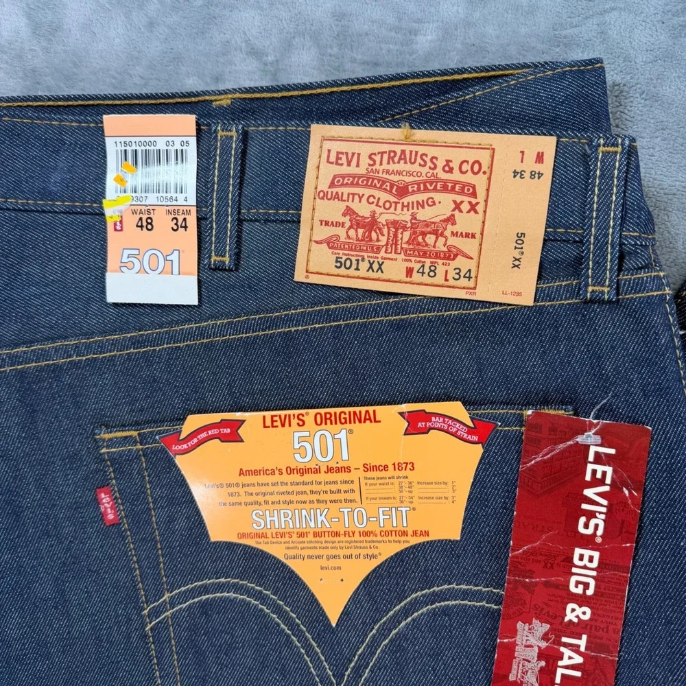 New Levi's 501XX Original Shrink-To-Fit Jeans Mens 48x34 Dark Blue Denim Pants